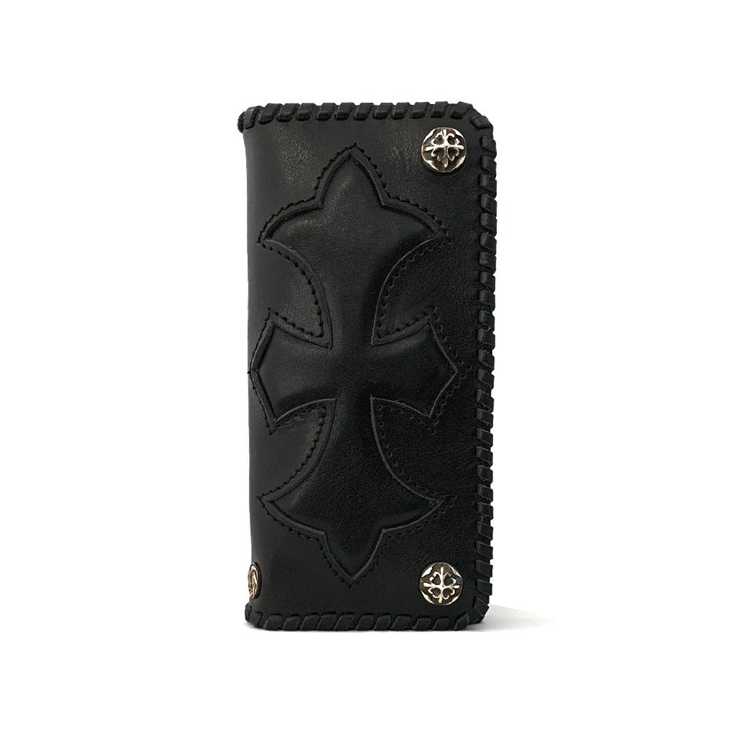 Long Leather Biker Wallet, Cross Design, Sterling Silver Buttons/Rivet