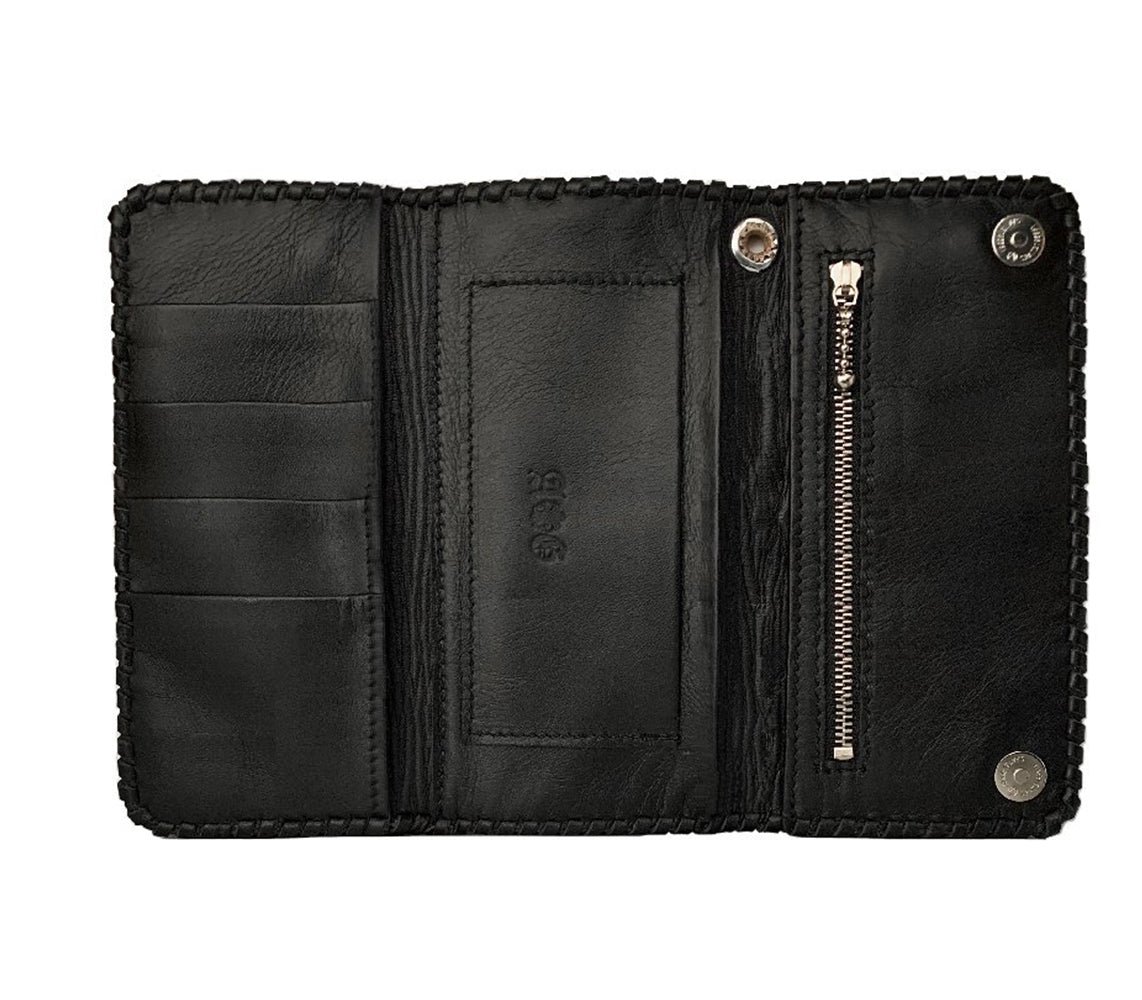 Long Leather Biker Wallet, Cross Design, Sterling Silver Buttons/Rivet