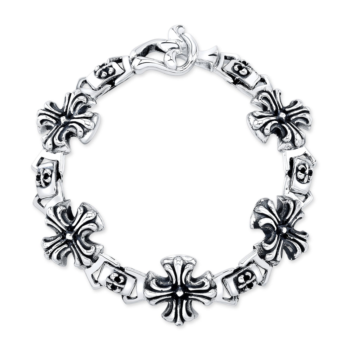 Sterling Silver Alternating Fleur-de-Lis and Cross Link Bracelet