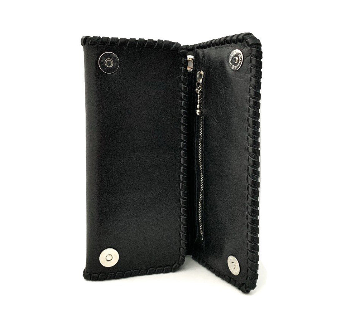 Long Leather Biker Wallet, Cross Design, Sterling Silver Buttons/Rivet